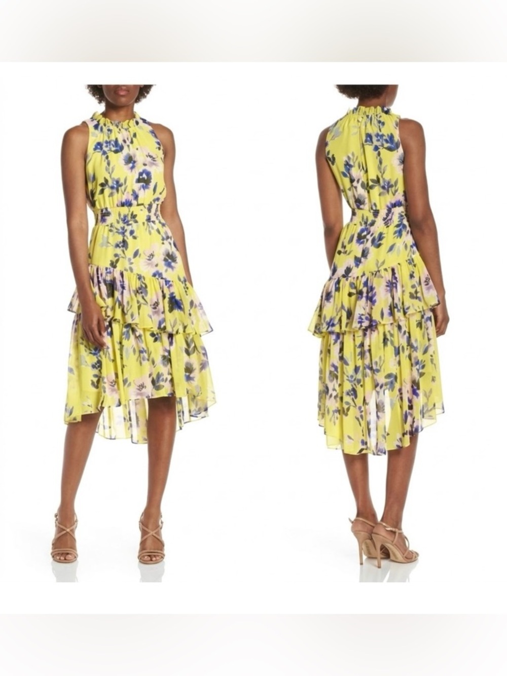 Eliza J Yellow Floral Tiered Asymmetric Ruffled Tiered Midi Dress Size 14 EUC